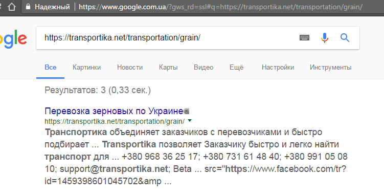 Опрацювання сніпетів сайті transportica.com у серпі 2