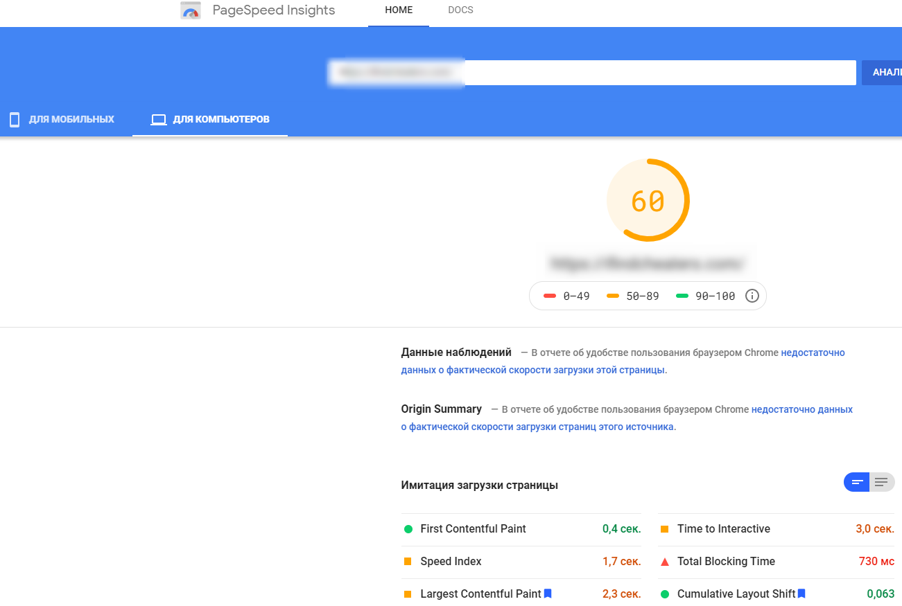 Результаты анализа PageSpeed Insights