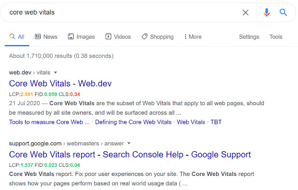Такий вигляд має видача Google з використанням плагіна Core SERP Vitals